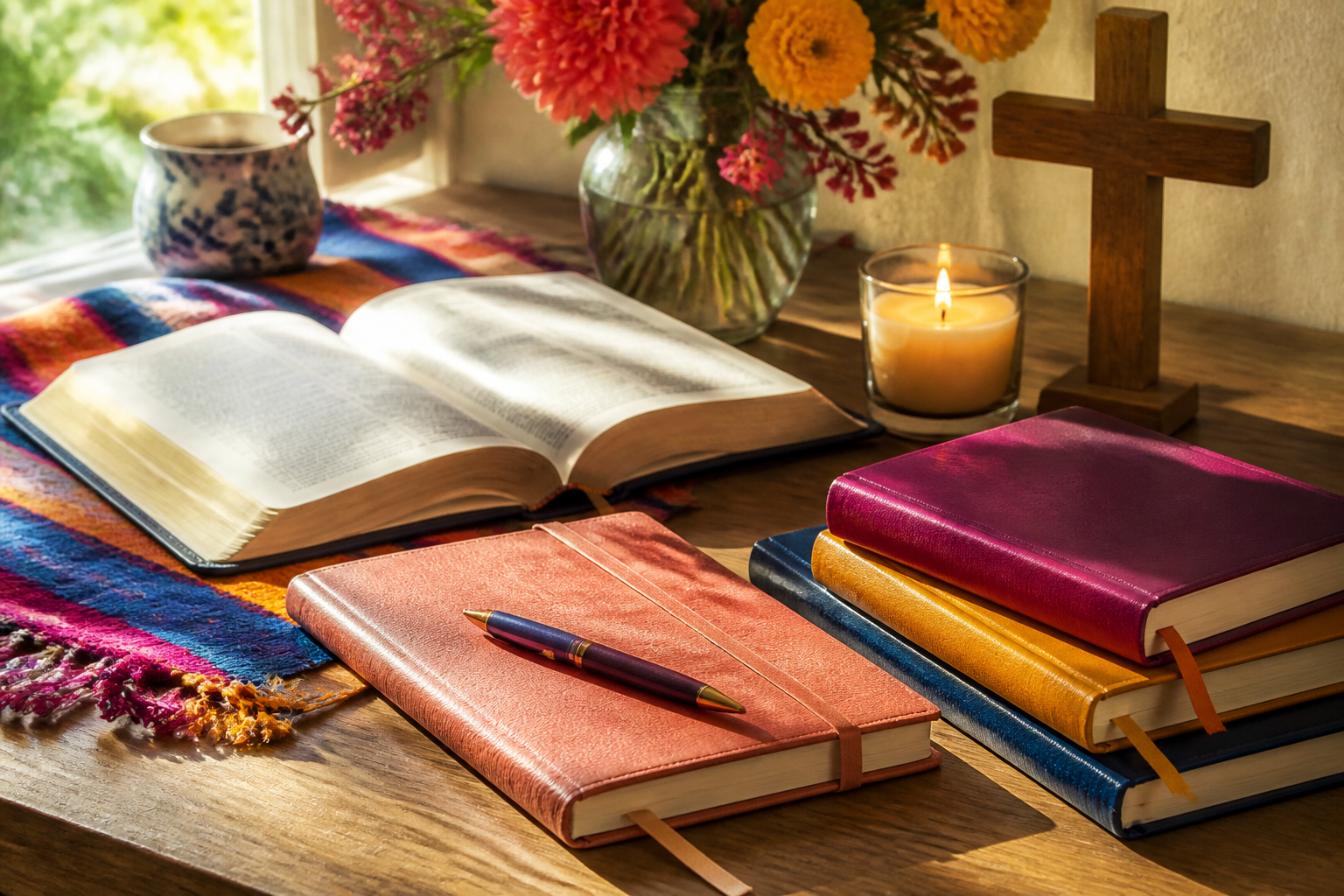 Bible ouverte, livres de prière, carnet et bougie dans une lumière chaleureuse