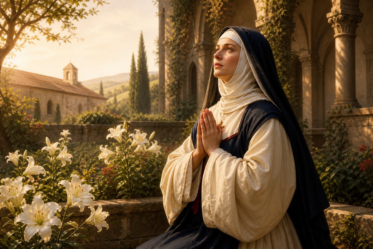 Sainte Odette en prière dans un monastère