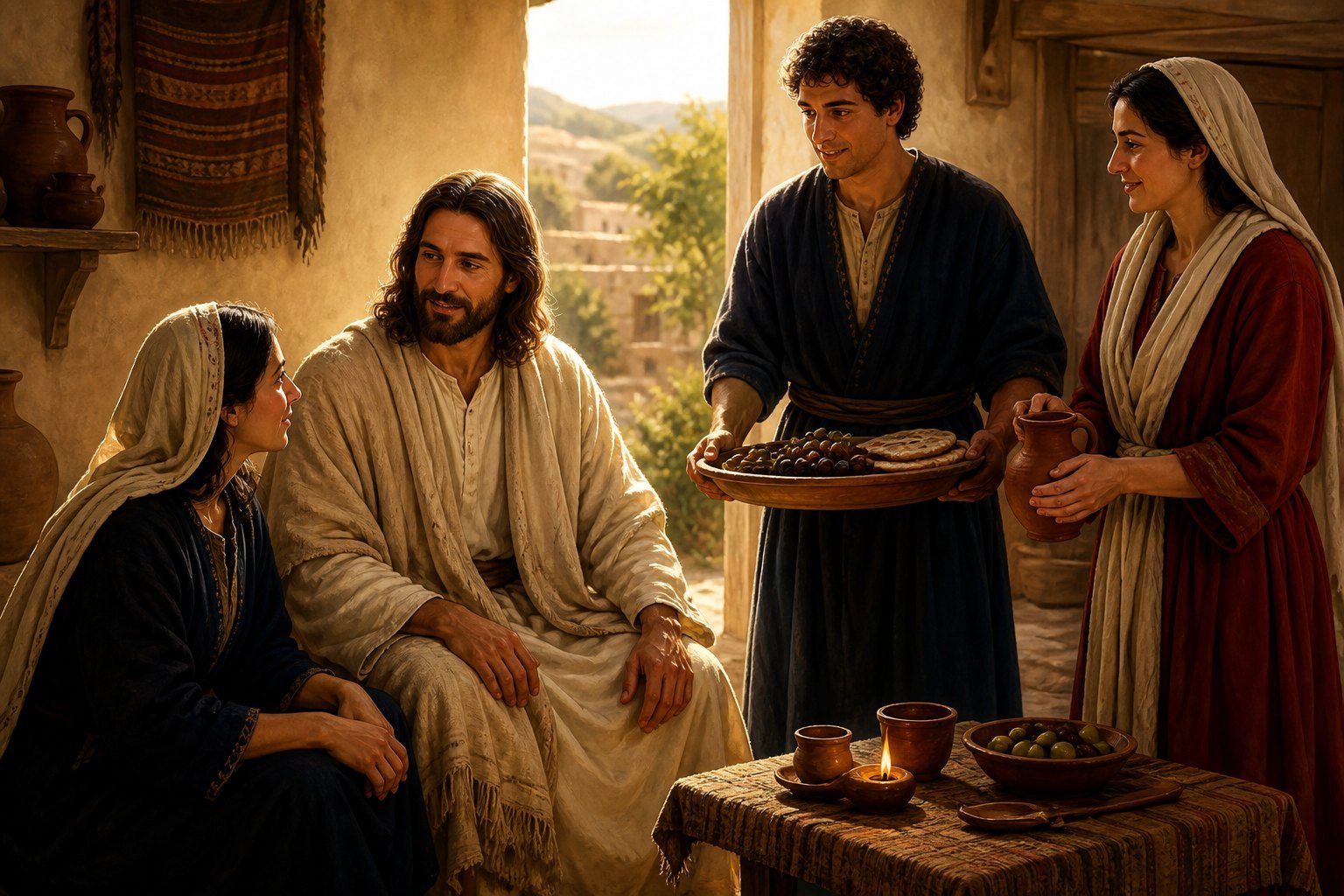 Jésus accueilli par Marthe, Marie et Lazare à Béthanie